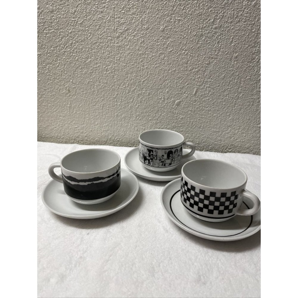 3 sets of Retro Cafe Scene Brazil Espresso demitasse Cups & Saucers